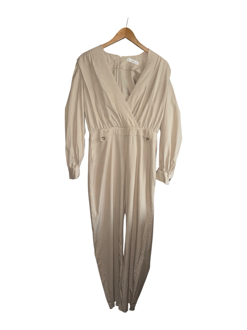 MNG Women's Medium Neutral Chic Beige V Neck Long Sleeve Jumpsuit Cream Colored